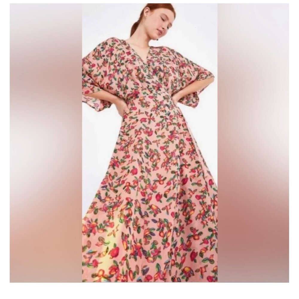 NWOT Farm Rio Dainty cashew Maxi Wrap Dress With Kimono Sleeves & Tie Waist XS - Picture 2 of 7